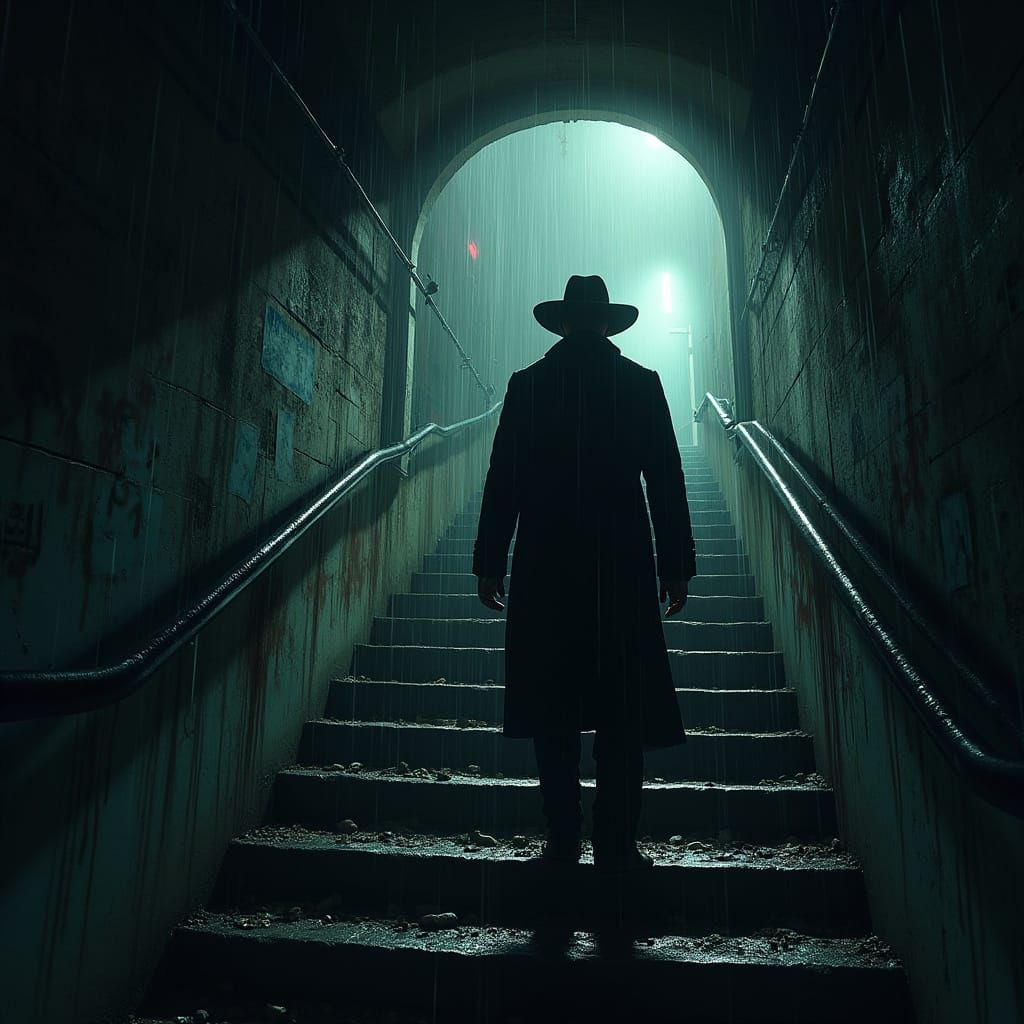 Ominous Figure Descends into Dystopian Underground
