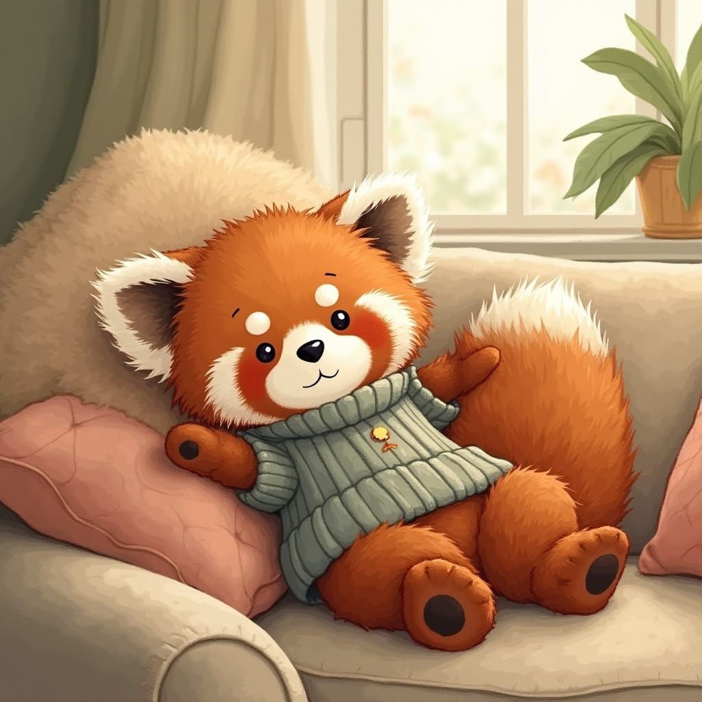 Red Panda in Sweater, Whimsical Illustration