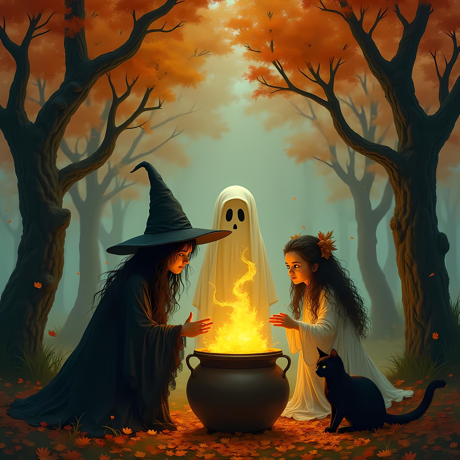 Magical Halloween Scene With Characters