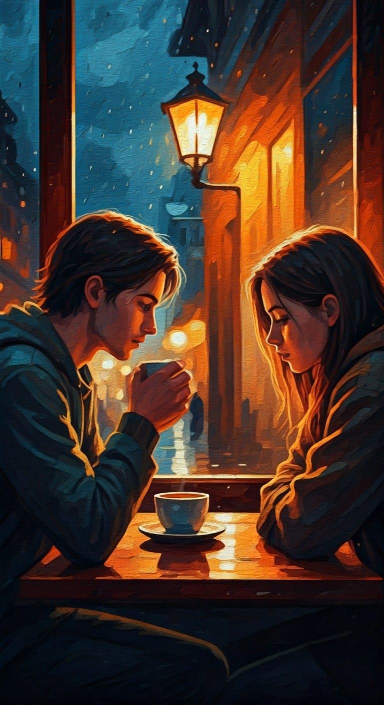 Friends Share a Quiet Moment in a Cozy Café on a Rainy Eveni...