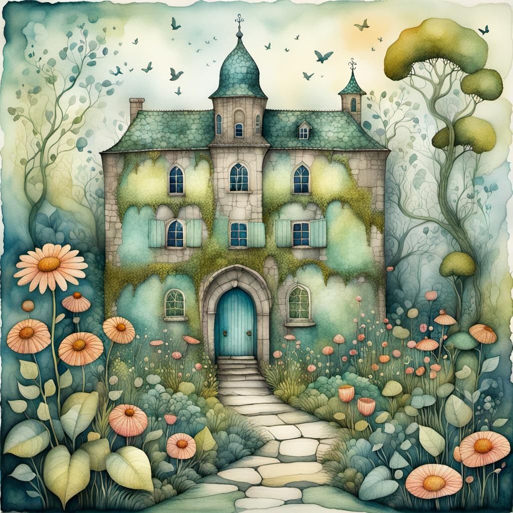 Whimsical Rectory Garden in Pop Surrealism Style