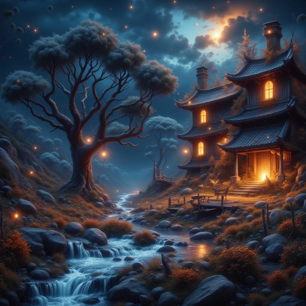 Ethereal Oil Painting Scene with Magical Water Flux