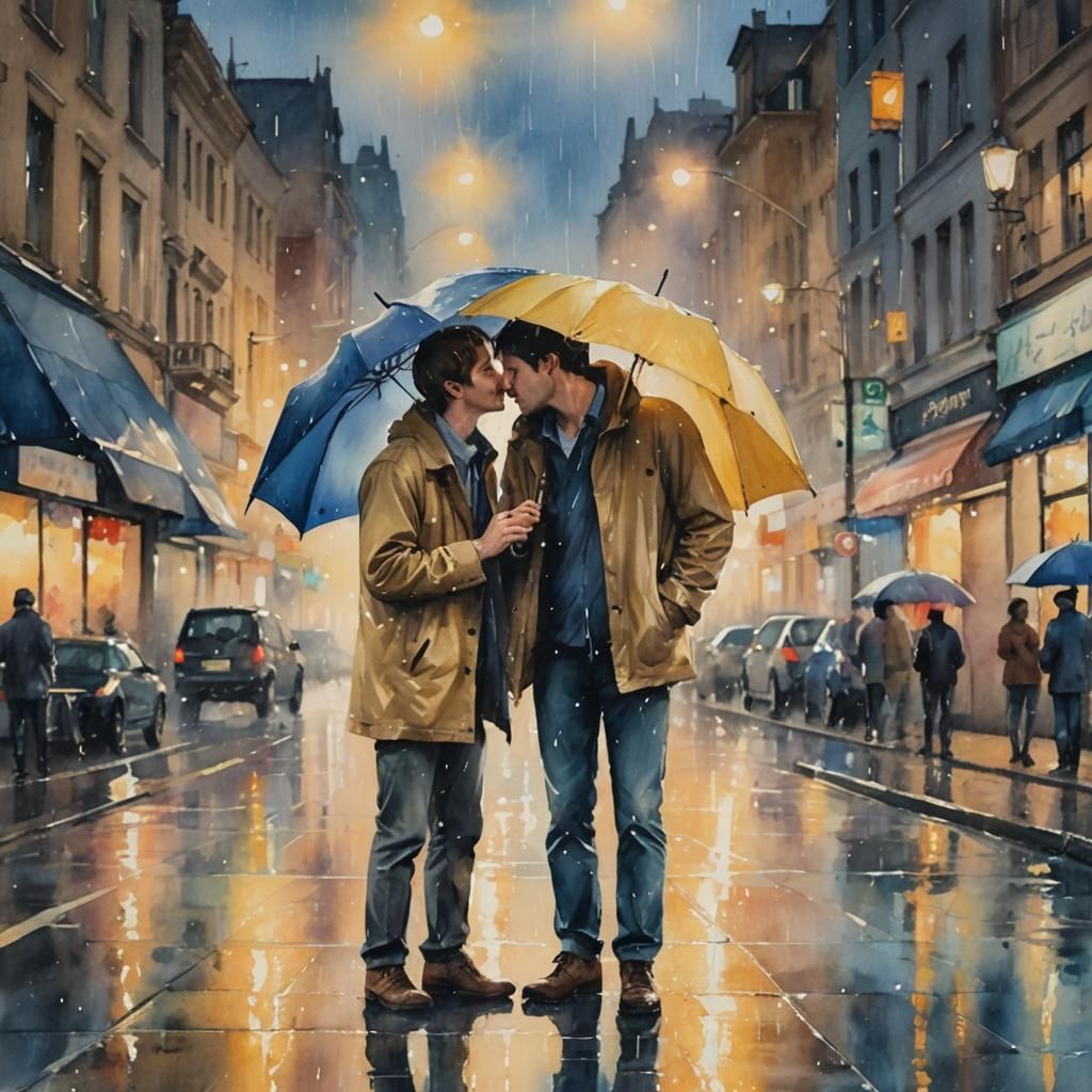 Romantic Watercolor: Two Men Kissing in Rain