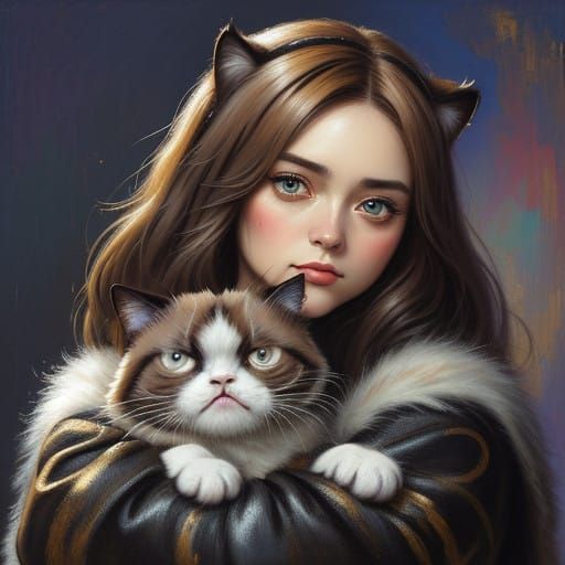 Whimsical Chibi Girl and Grumpy Cat in Impasto Oil Painting
