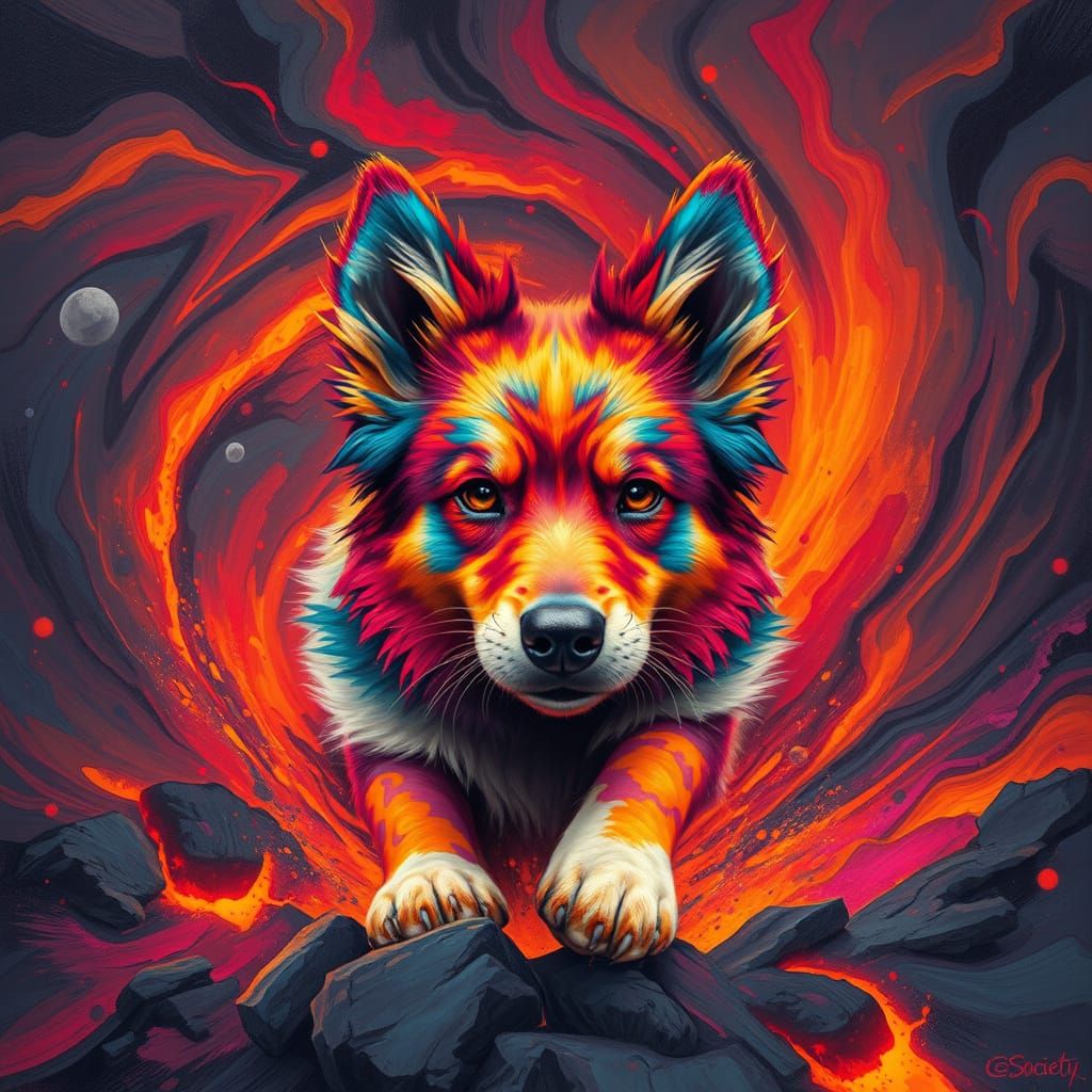 Vibrant Canine Erupts from Lava in Bold, Expressive Art