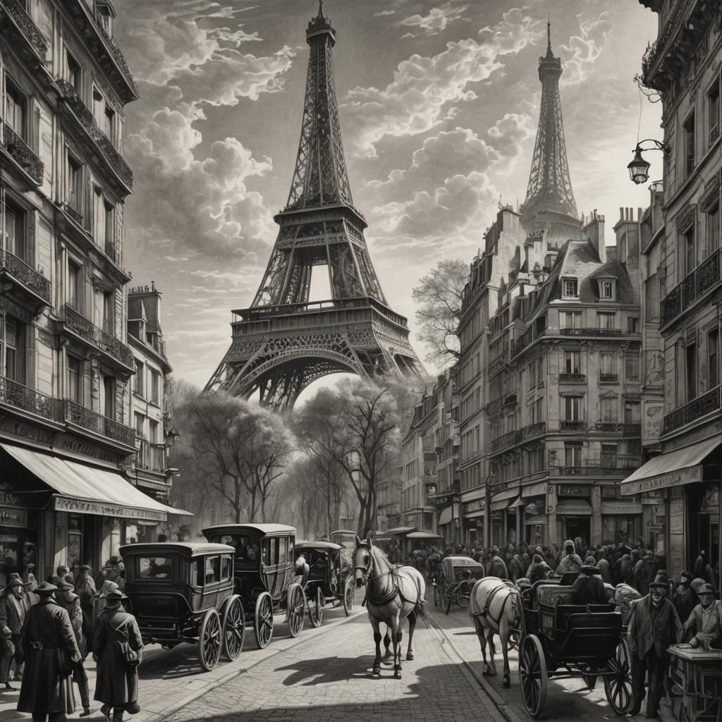 Parisian Street Scene in Dürer Engraving Style