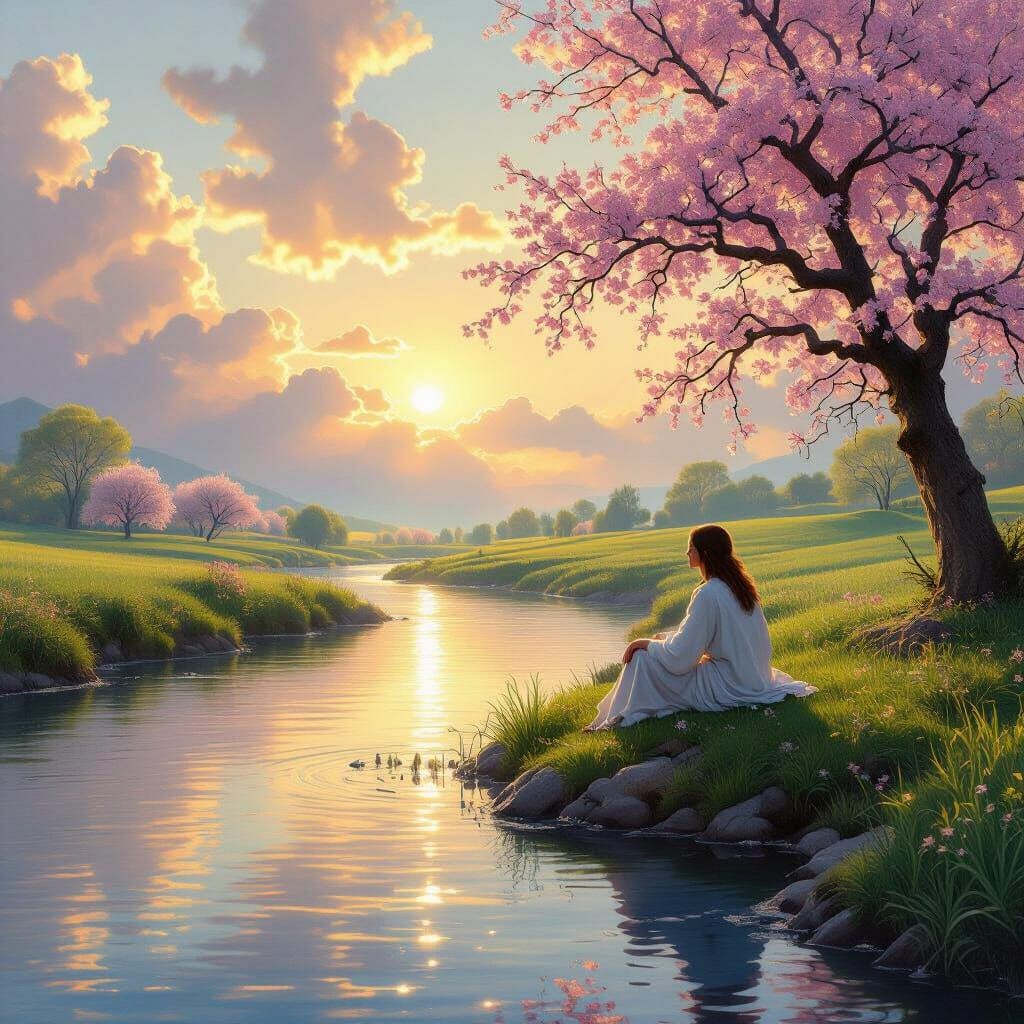 Contemplative Figure by River in Golden Light