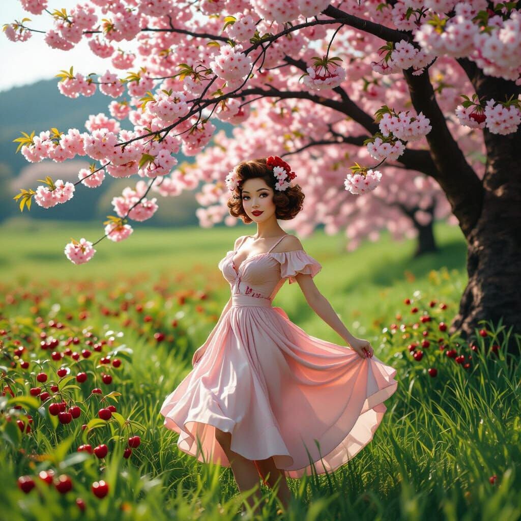 Cherry Blossom Pin-Up Girl in Cinematic Style