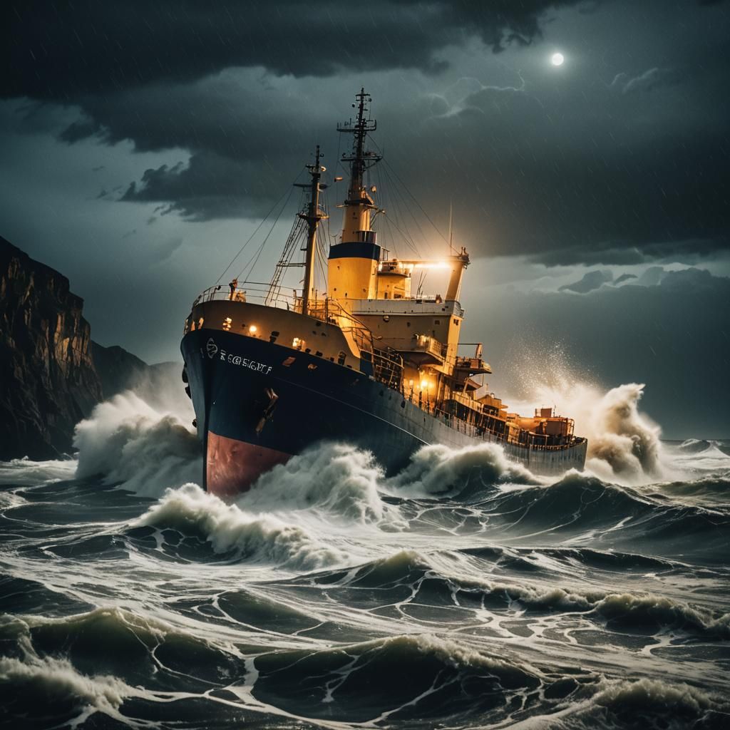 Cargo Ship in Stormy Seas at Night