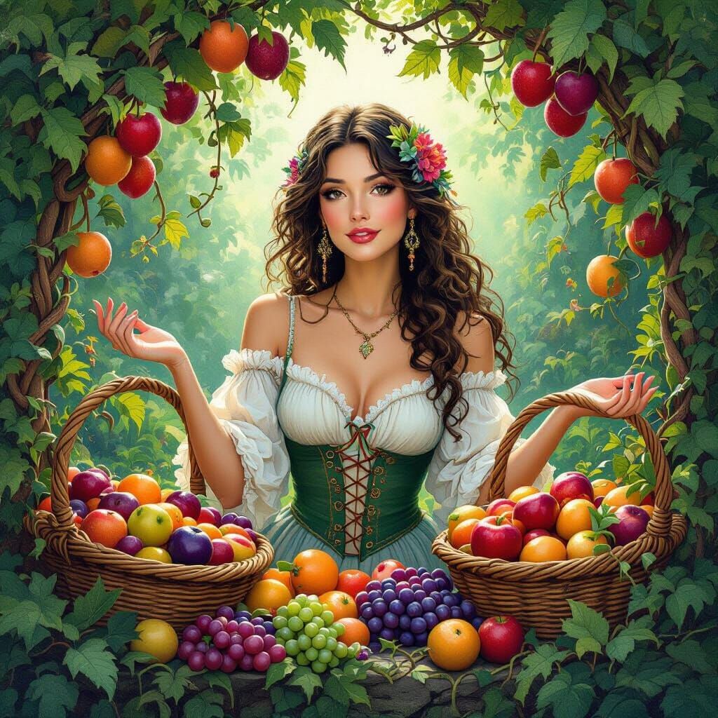 Lush Garden: Whimsical Woman Amidst Overflowing Fruit