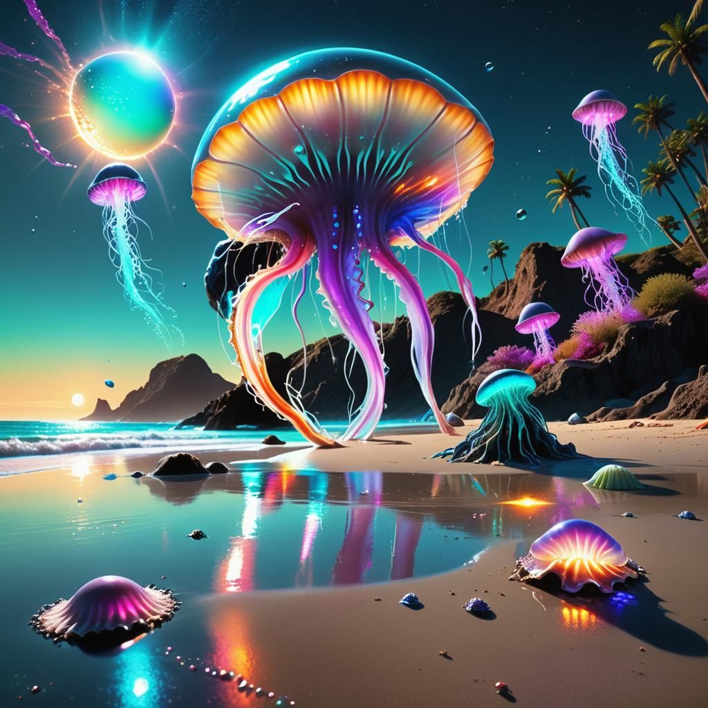 Bioluminescent Alien Beach at Sunset: Matte Painting
