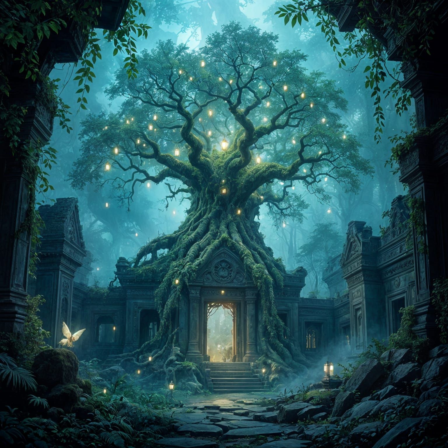 Ancient Bioluminescent Tree in Misty Jungle Temple Ruin
