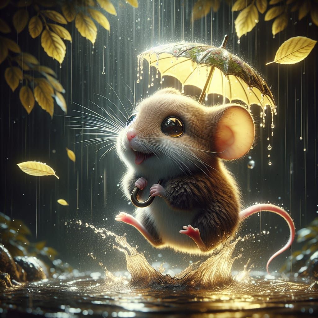 Whimsical Mouse Leaps into Puddles Under the Rainy Night Sky