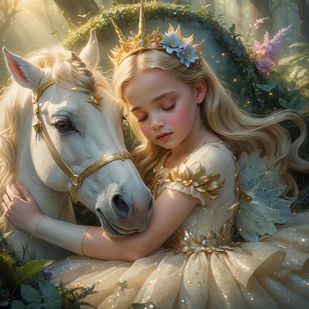 Ethereal Baby Princess and Unicorn in Misty Forest