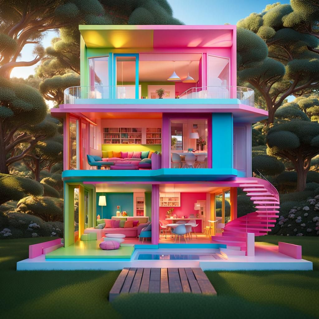 Whimsical Cutaway Dollhouse in Magical Realism Style