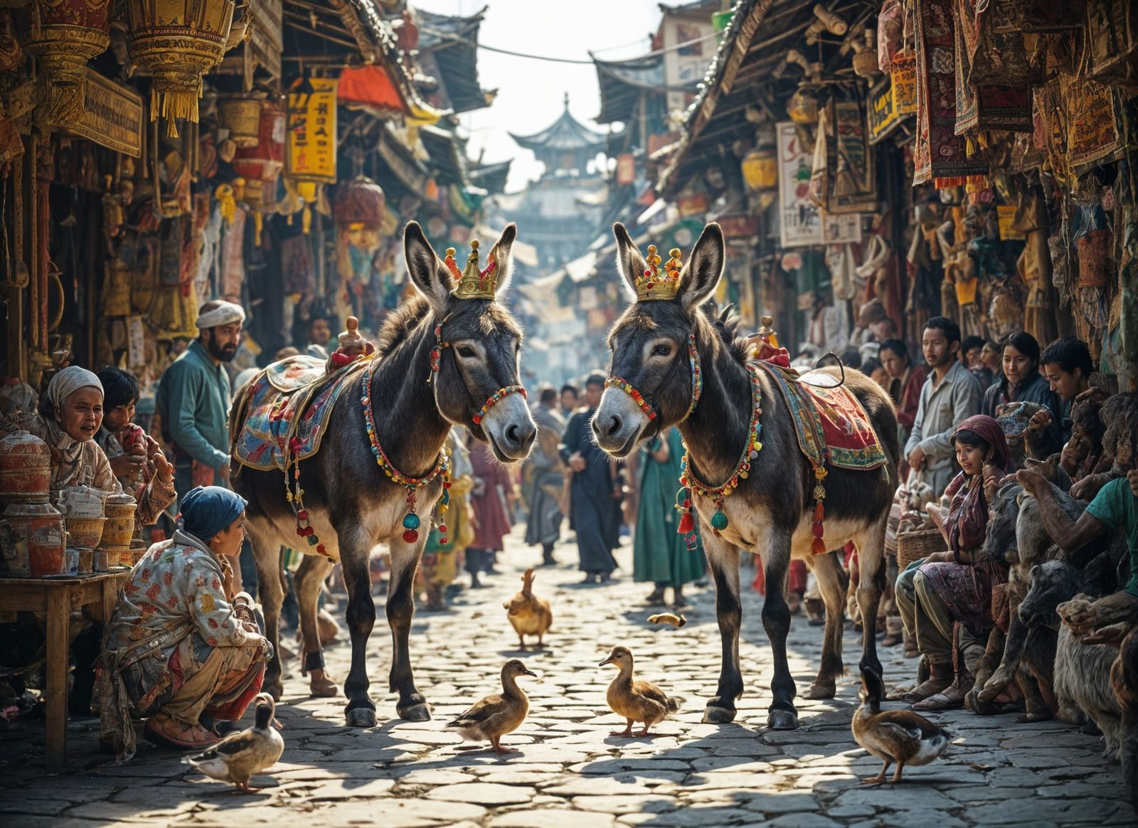 Donkeys Clash in Vibrant Oriental Bazaar