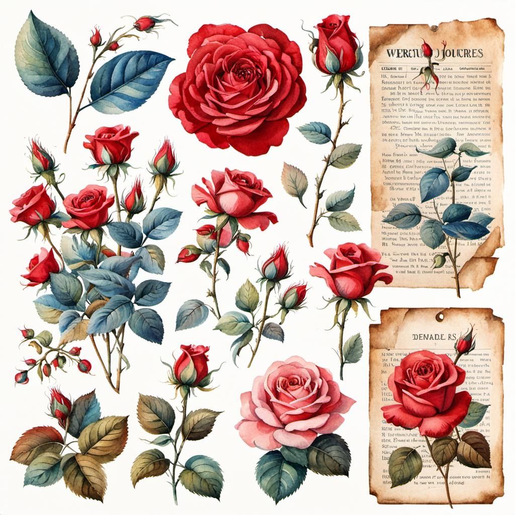 Rose and Pocket Watch Ephemera in Watercolor