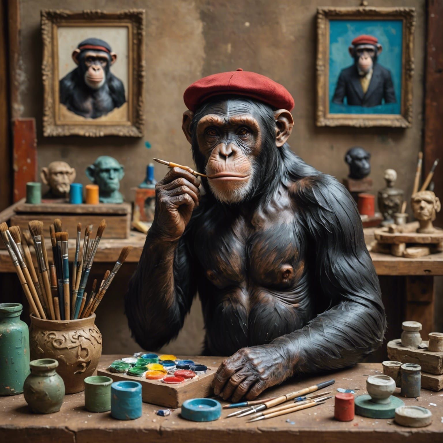 Chimpanzee Sculpting Clay Bust in Bohemian Studio