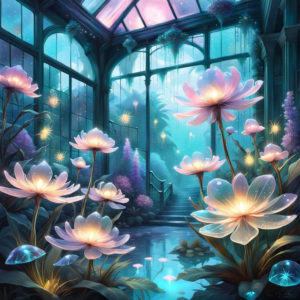 Bioluminescent Crystal Greenhouse with Pastel Flowers