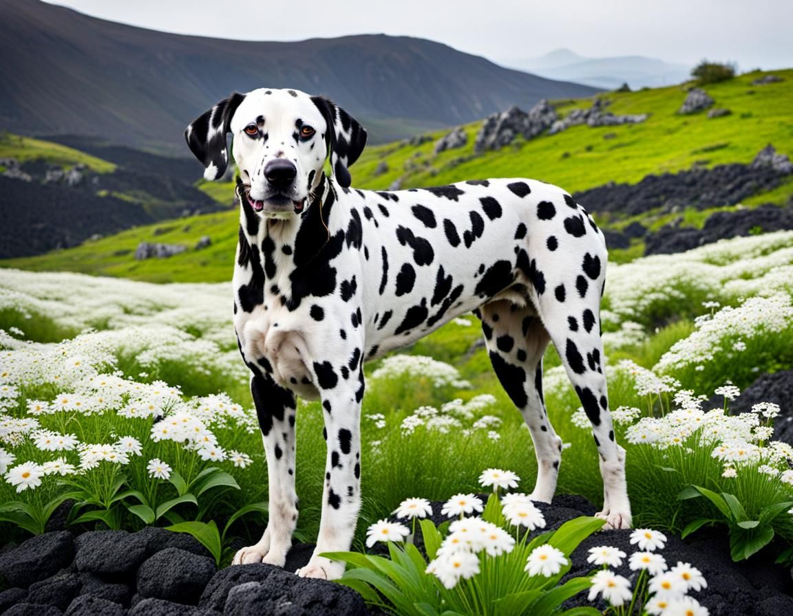 Dalmatian Dog in Volcanic Landscape with Flowers