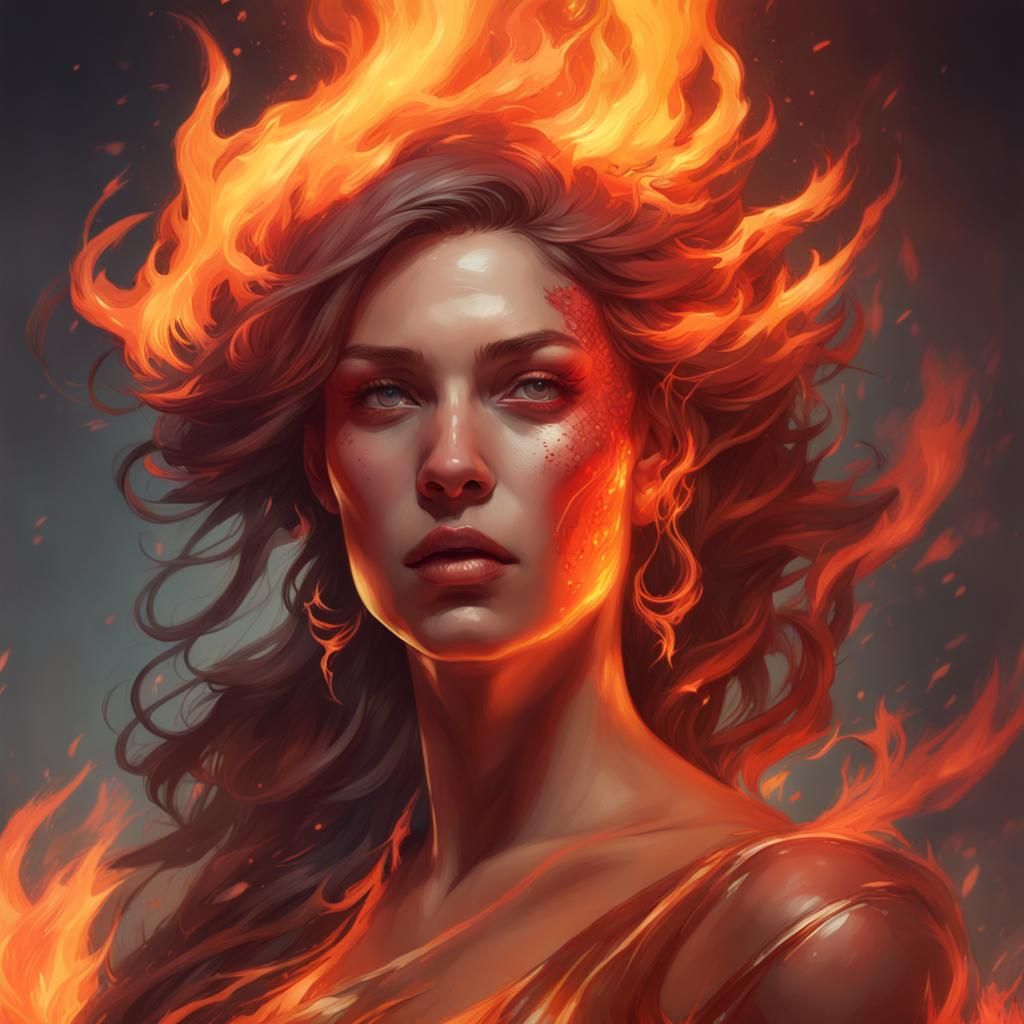 Fiery Woman-Beast Portrait in Art Nouveau Style