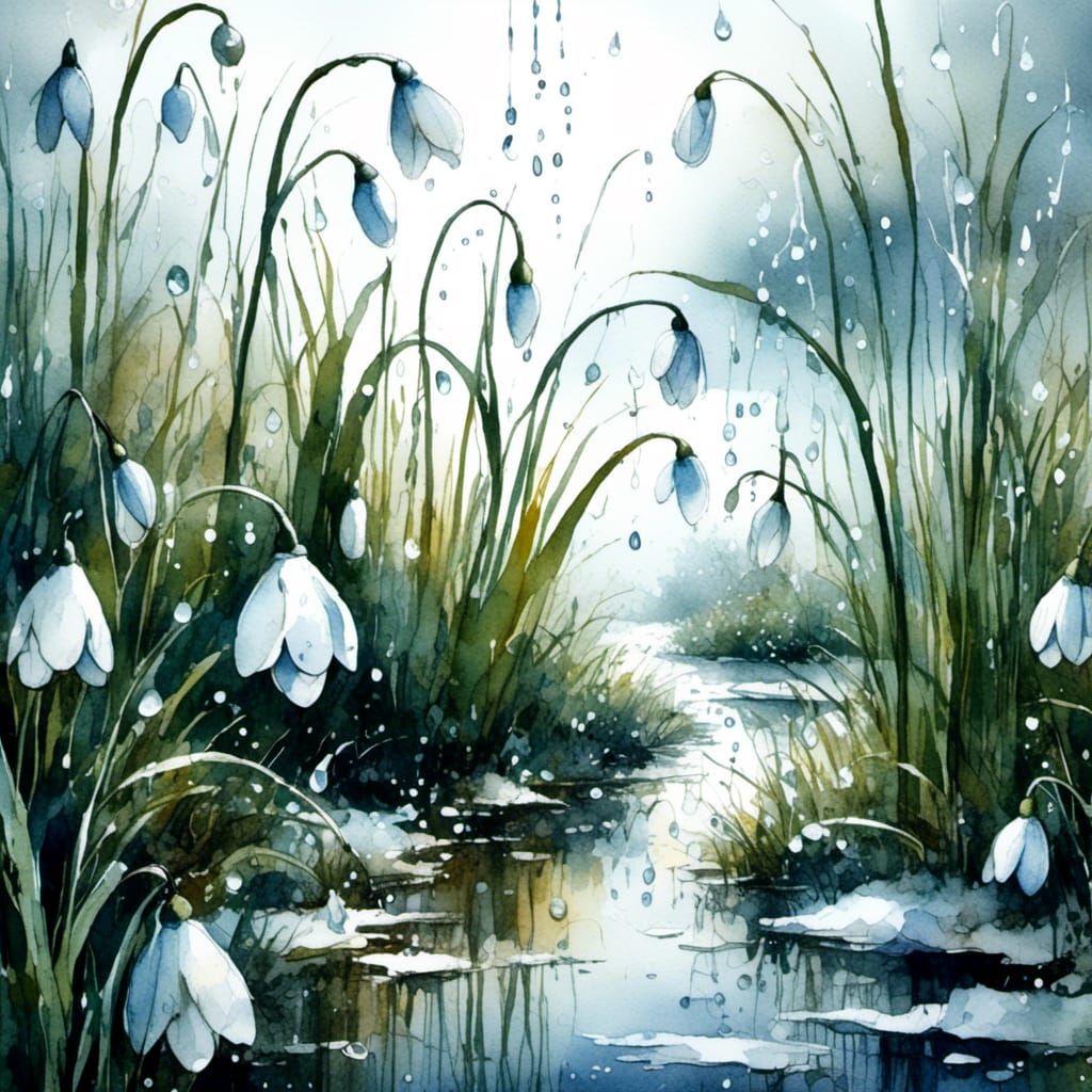 Whimsical Snowdrop Garden in Wet Oil Painting