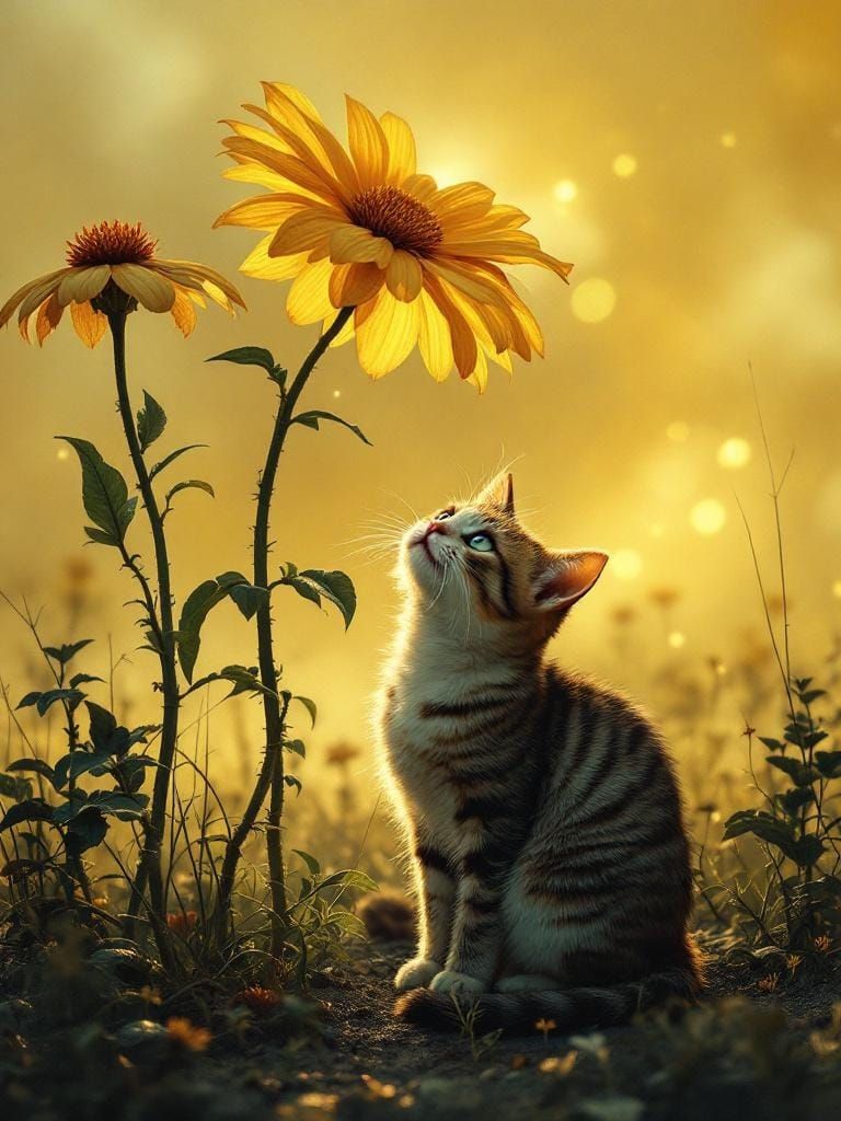 Cat Under Flower in Dreamlike Surrealism