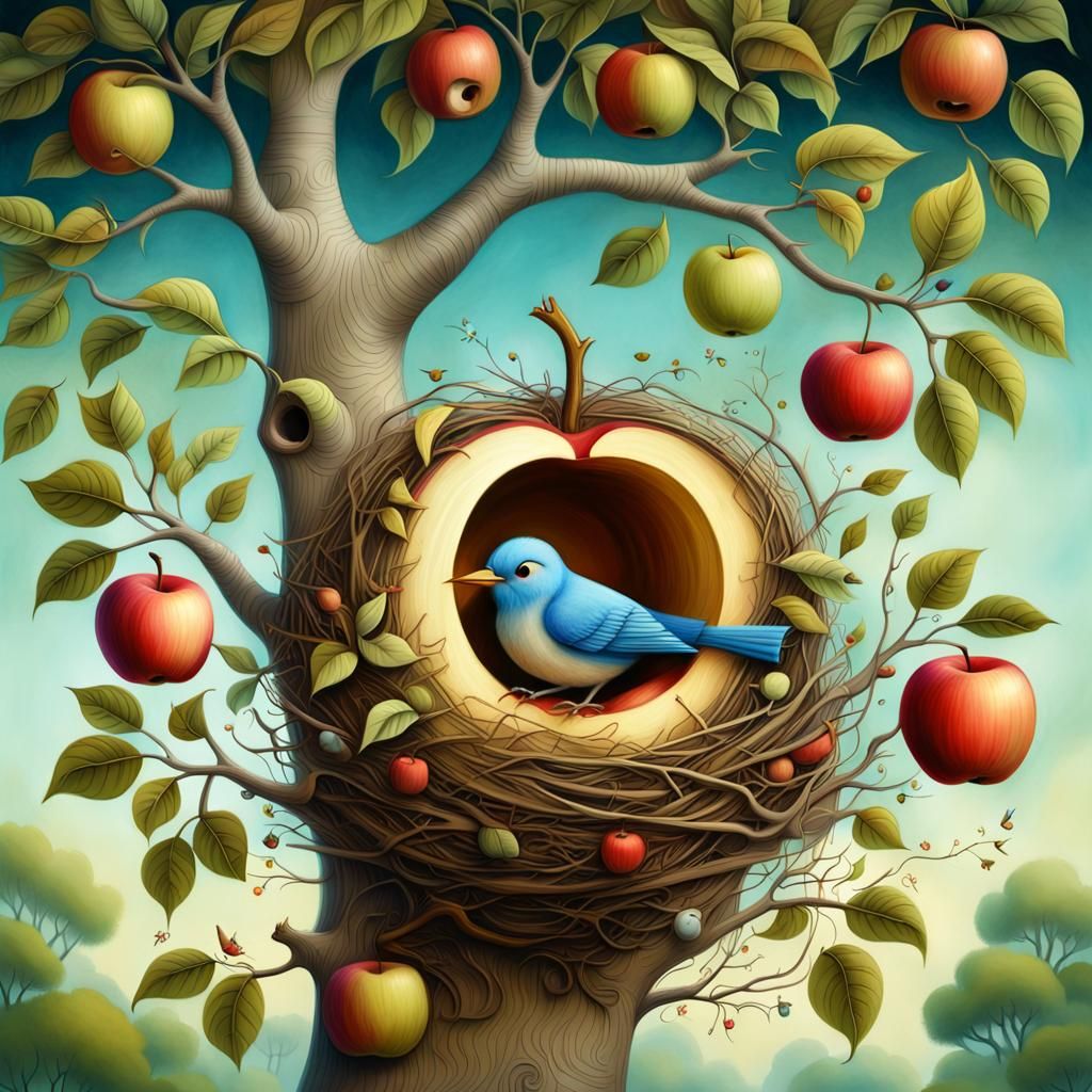 Bird's Nest in Apple Tree, Whimsical Illustration