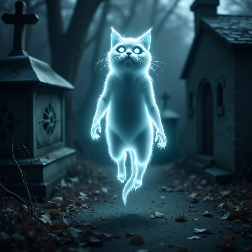 Ethereal Ghost Cat Wafts Through a Haunted Cemetery