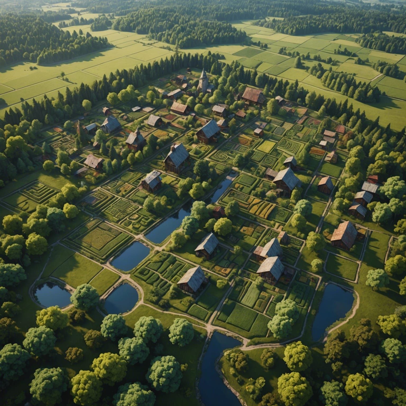 Aerial Patchwork of Farms and Forests in Matte Painting