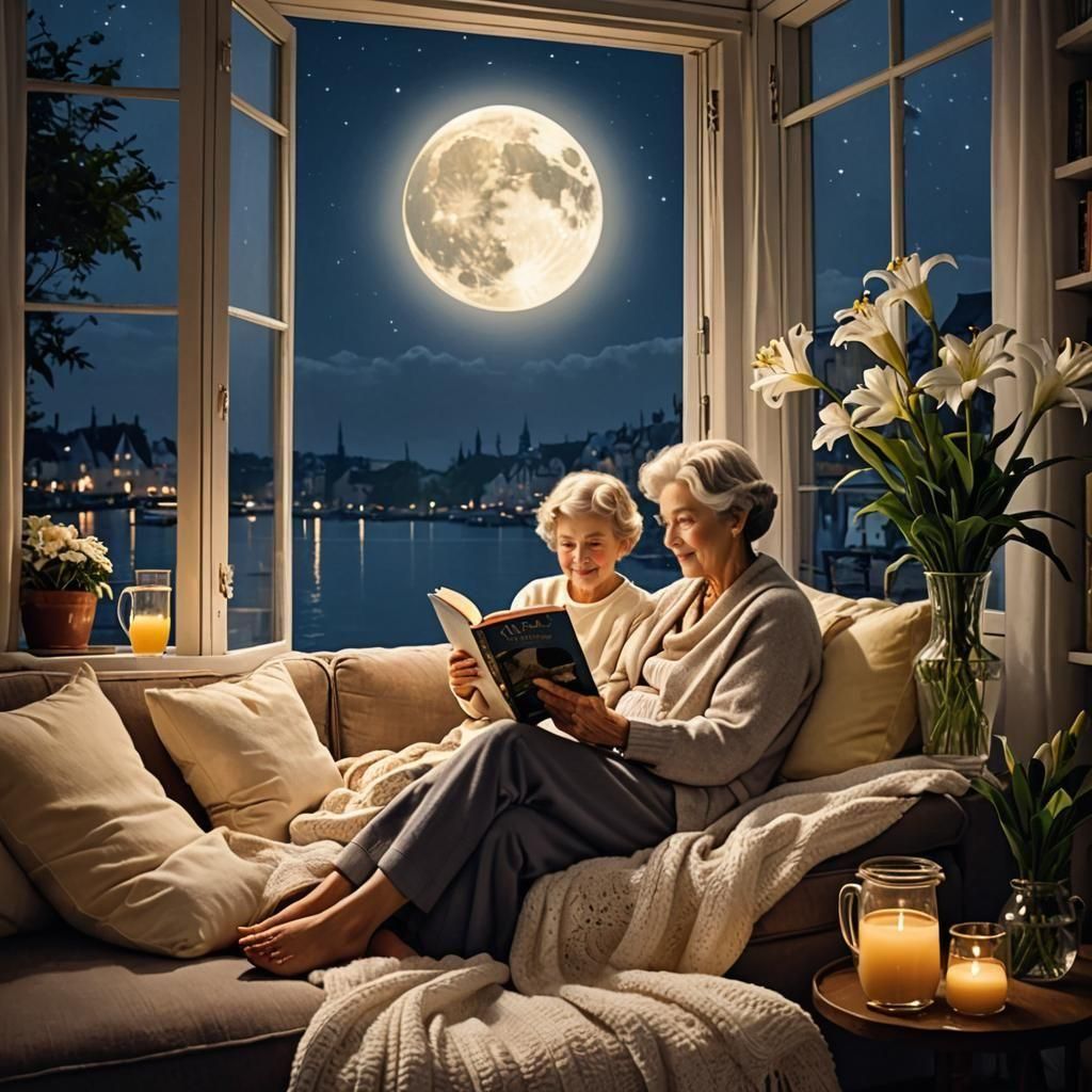 Cozy Night: Grandmother and Niece Reading by Moonlight
