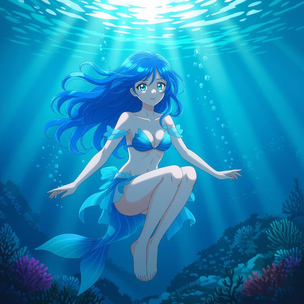 Young Sea Goddess Underwater in Vibrant Anime Style