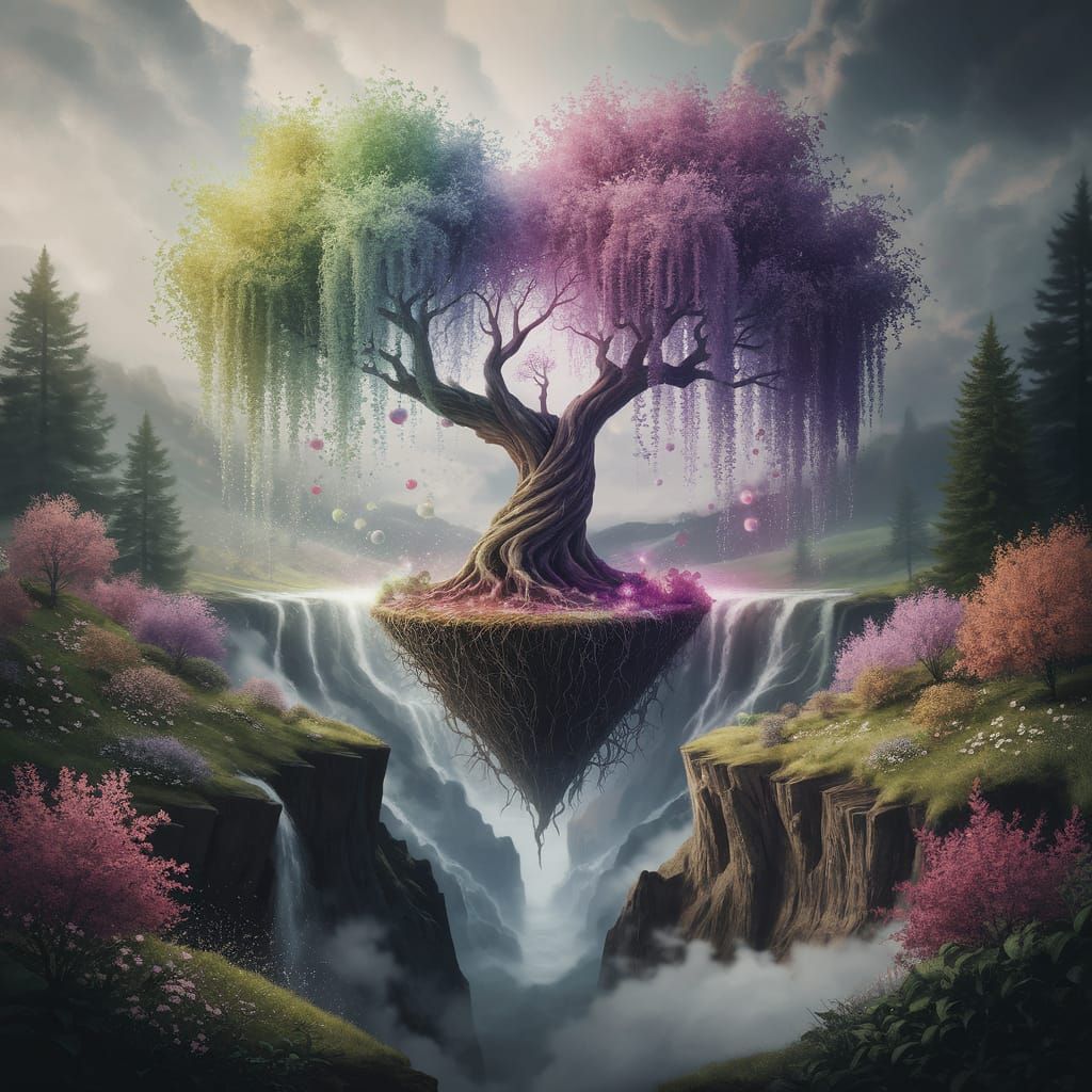Whimsical Watercolor Tree in a Lush Forest