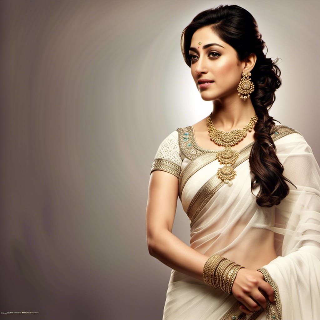Yami Gautam Portrait in White Saree, Hyperrealistic