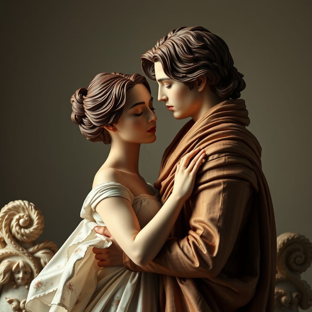 Baroque Couple Embracing in Stone Carvings
