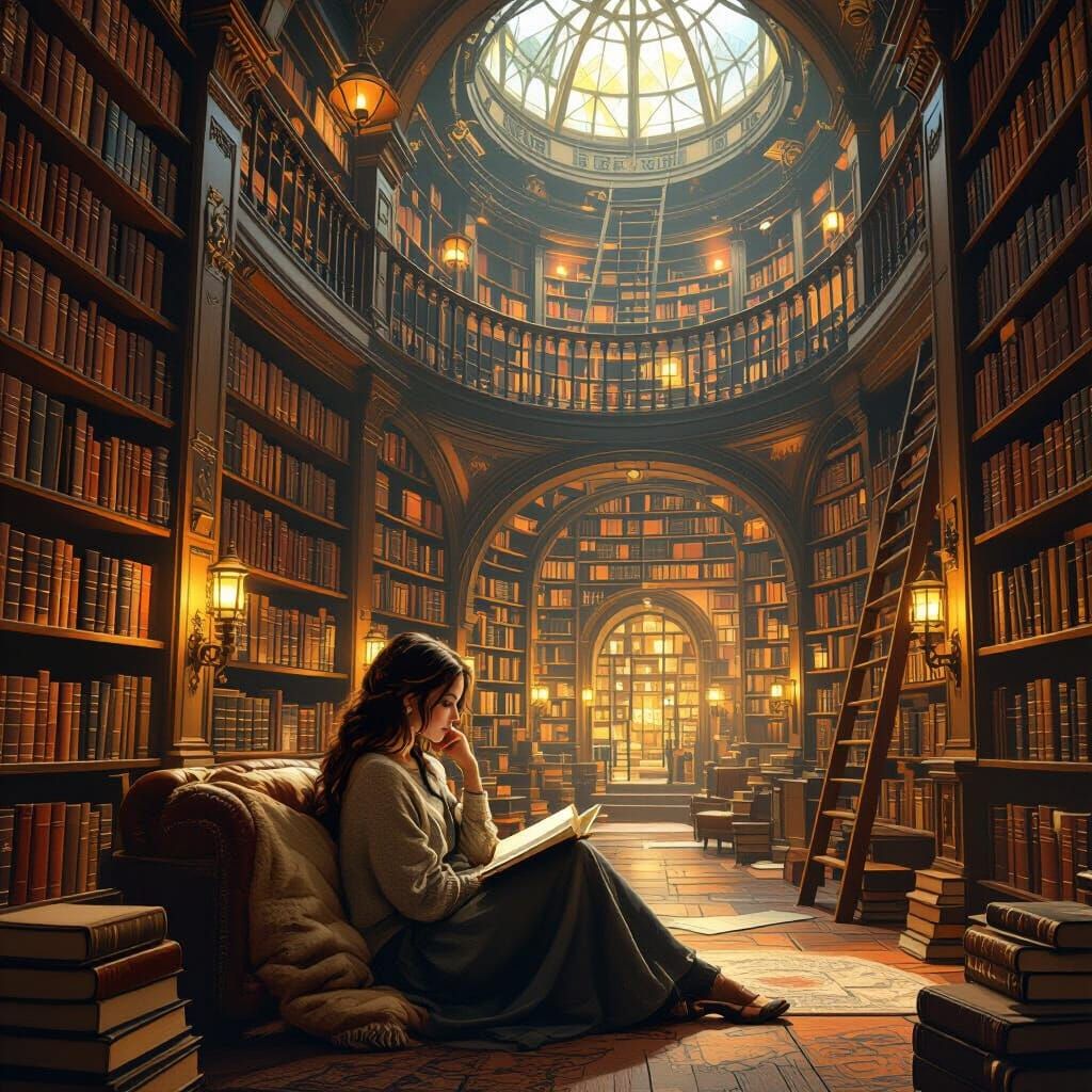 Introspective Woman in Mind Library, Dreamlike Scene