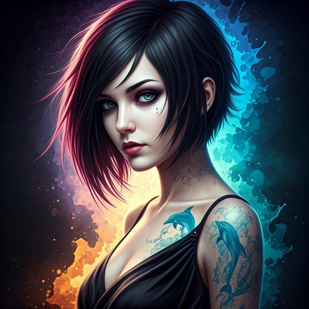 Goth Girl with Dolphin Tattoo in Splash Art Style
