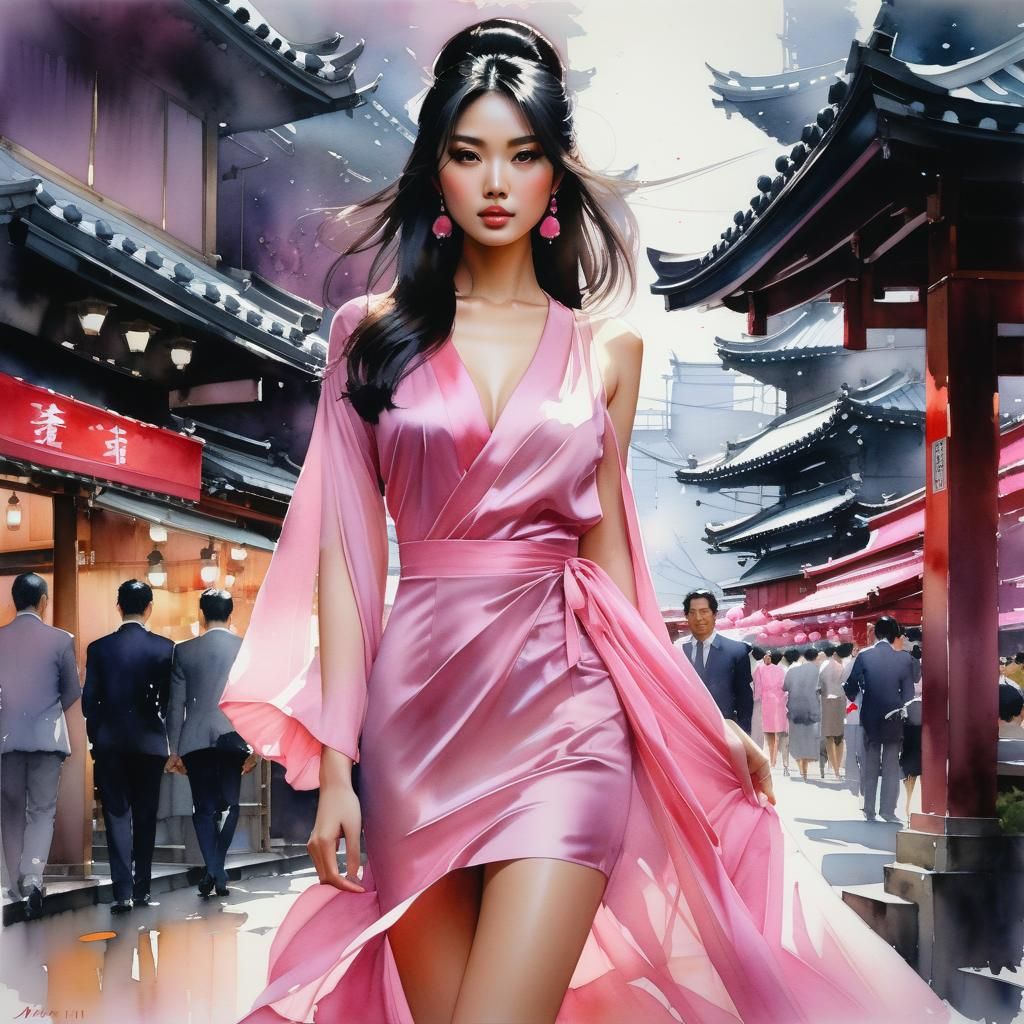 Beautiful Asian Girl in Pink Dress, Watercolor Art