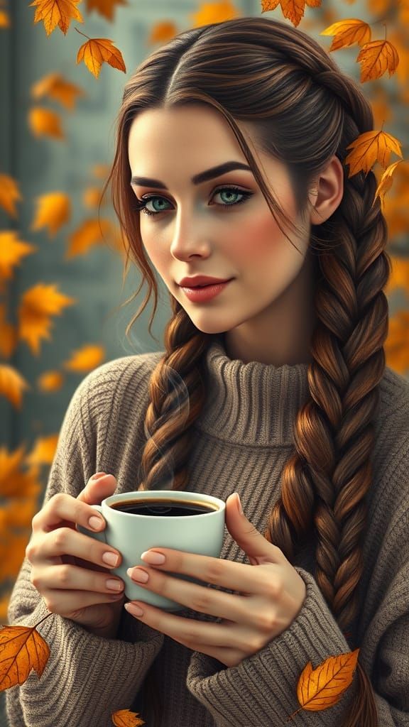 Autumn Woman with Coffee, Hyperrealistic Art Nouveau Style