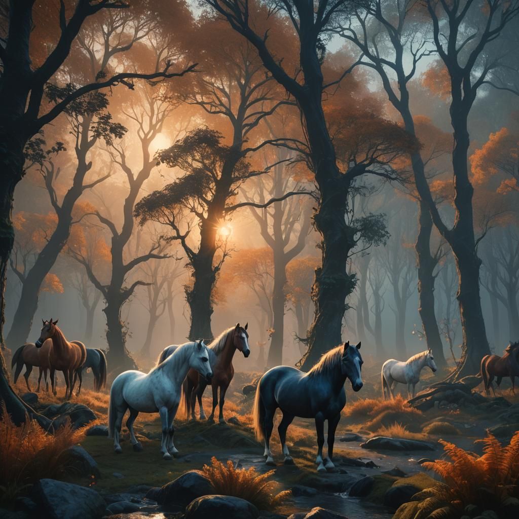 Mystical Horses in Dreamlike Forest: Fantasy Concept Art