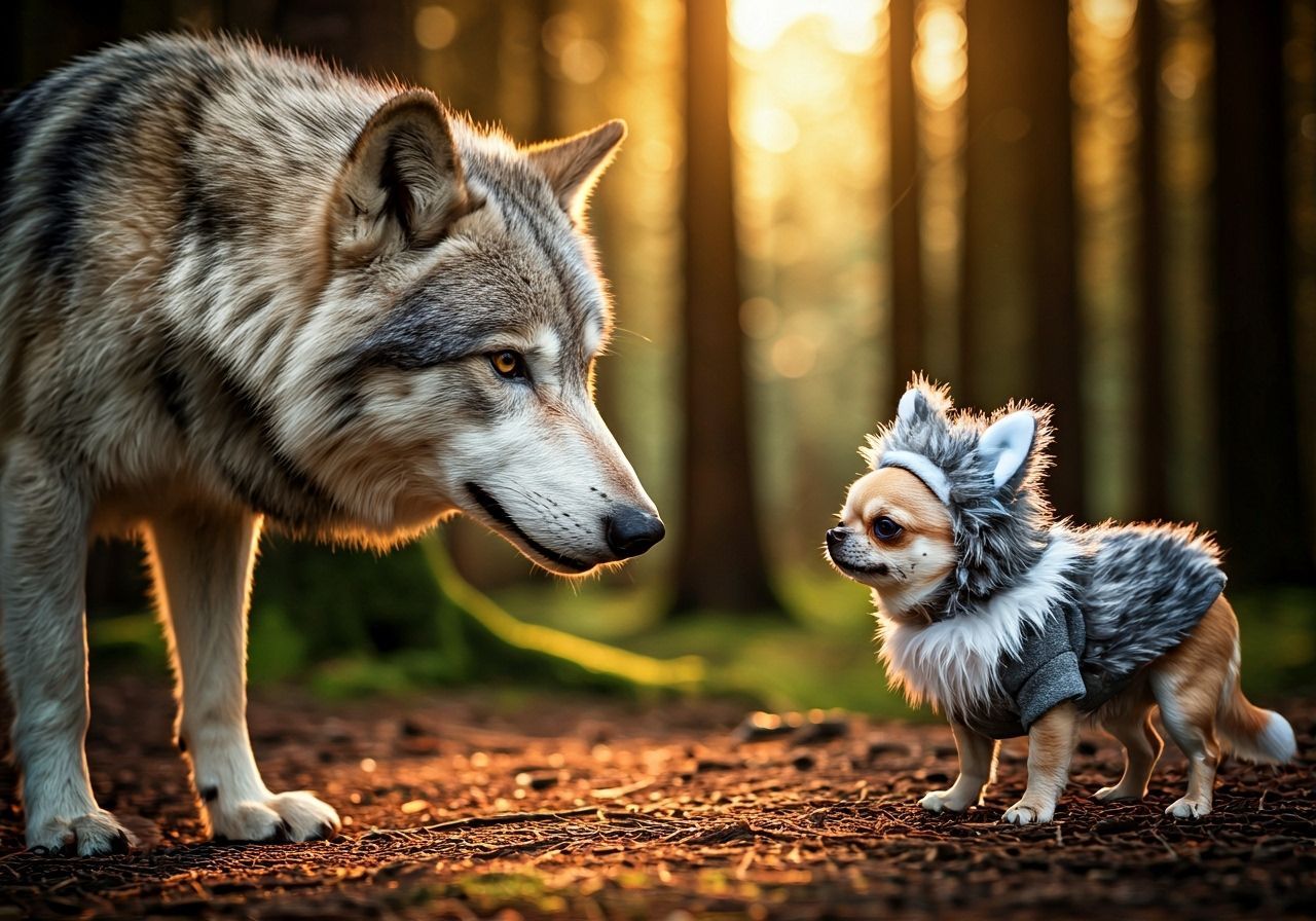 Wolf Confused by Chihuahua in Wolf Costume in Forest