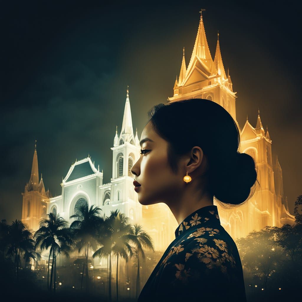 Vietnamese Woman in Elegant Ao Dai, Softly Lit Retro Ho Chi ...