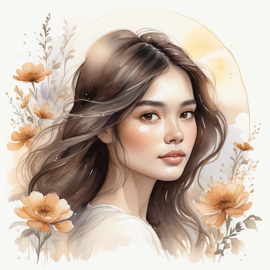 Woman Portrait with Flowing Hair in Misty Moonlight