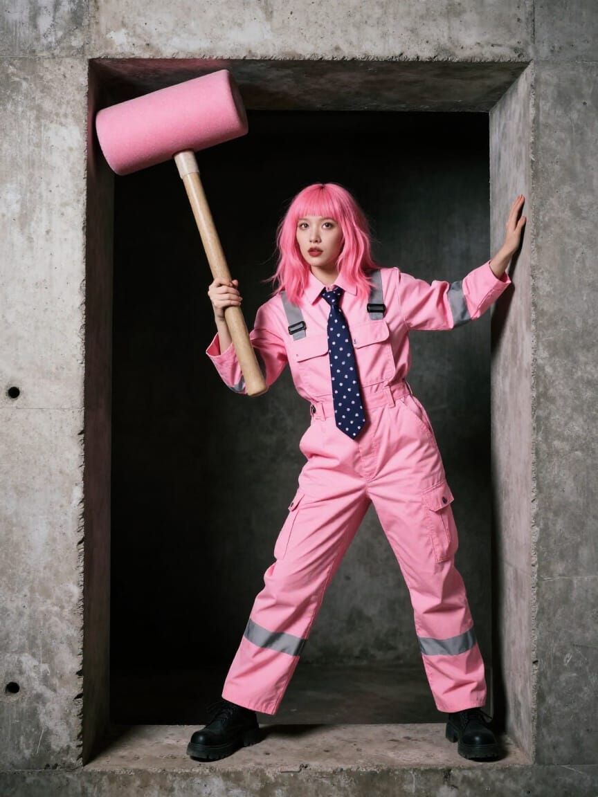 Pink-Haired Woman Climbs Brutalist Cage with Foam Hammer