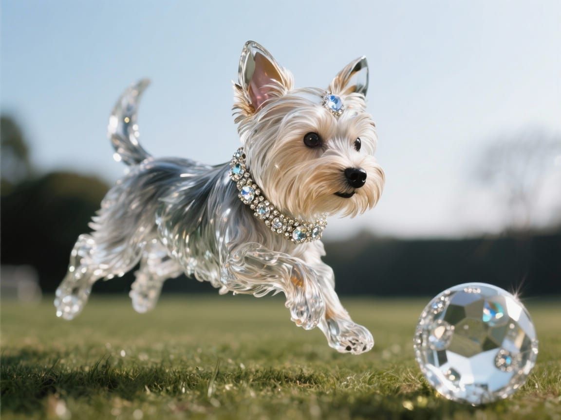 Crystal Yorkshire Terrier Chasing Ball as Chinese Sculpture