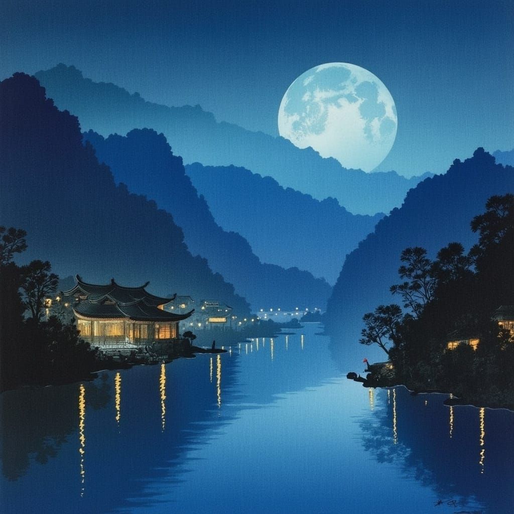 Guizhou Water Village at Night, Woodblock Print