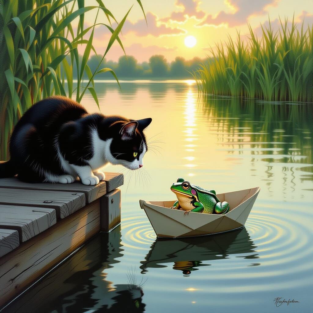 Black Cat Watches Frog in Paper Boat on Lake