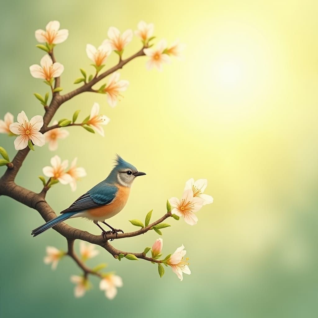 Watercolor Bird on Blossoming Plum Branches