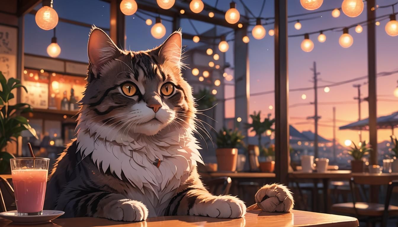 Anime Cat Portrait in Cozy Cafe, Studio Trigger Style