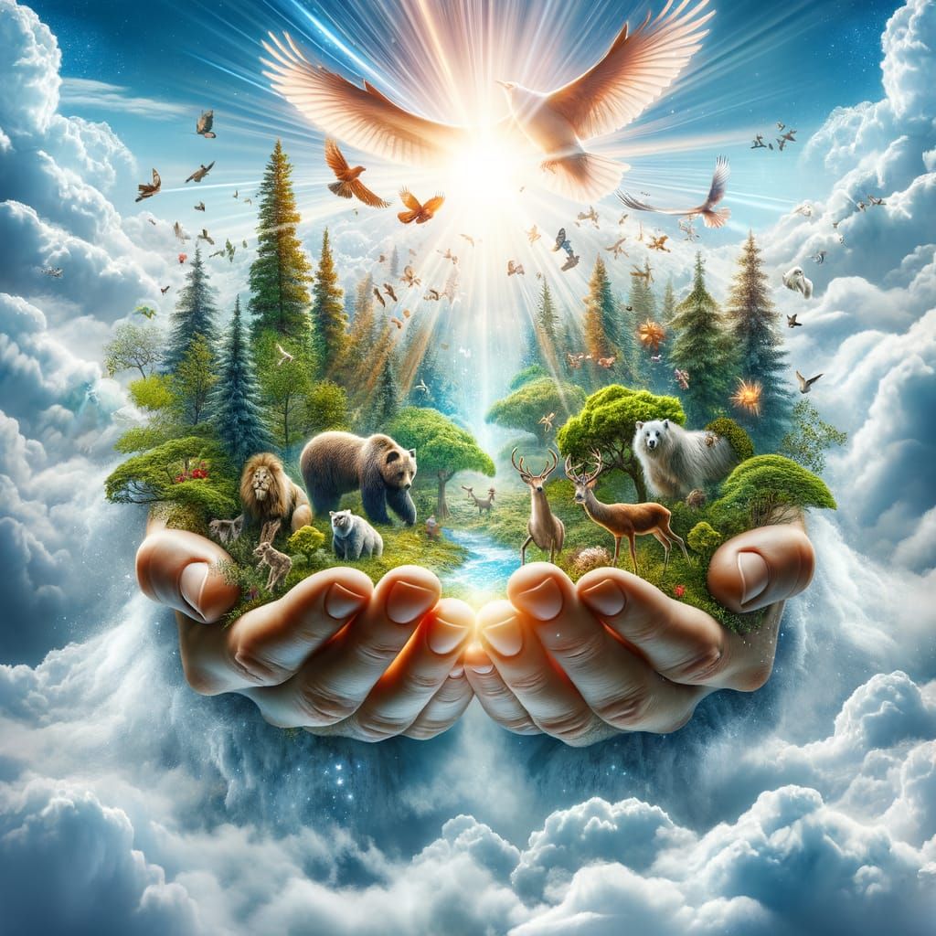 Divine Hands Cradling a Thriving Ecosystem